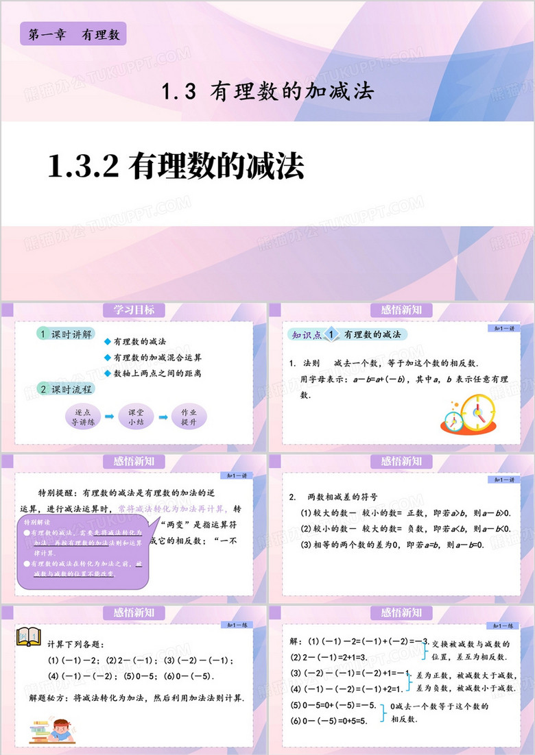 紫色简约有理数的减法PPT模板