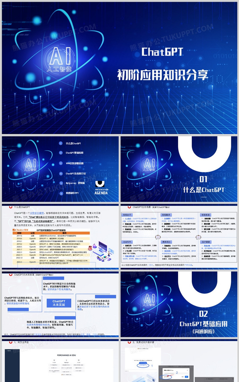 蓝色科技风ChatGPT应用知识分享PPT模板