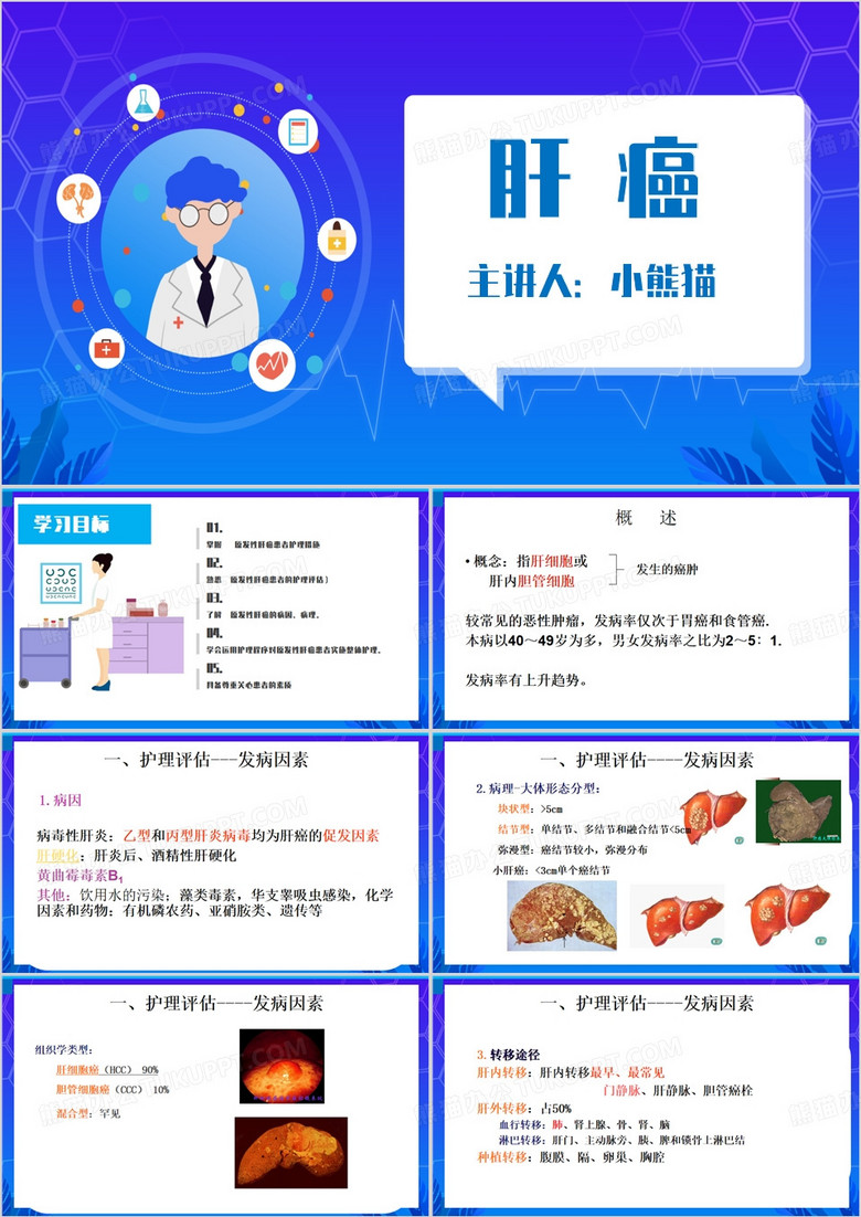 蓝色简约风肝癌护理查房PPT模板