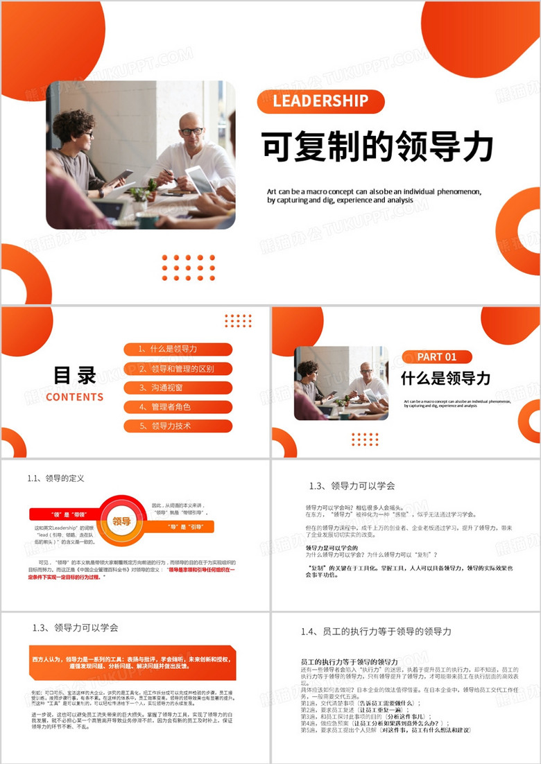 橙色商务风可复制的领导力PPT模板