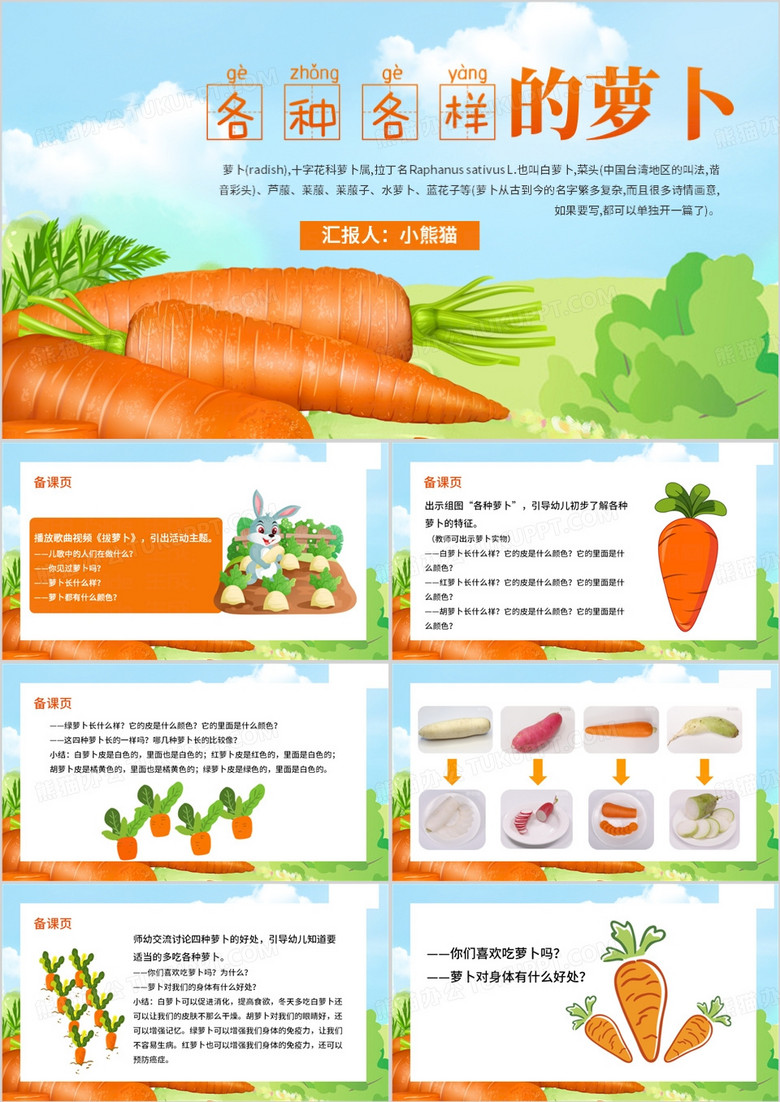 蓝色卡通风各种各样的萝卜PPT模板