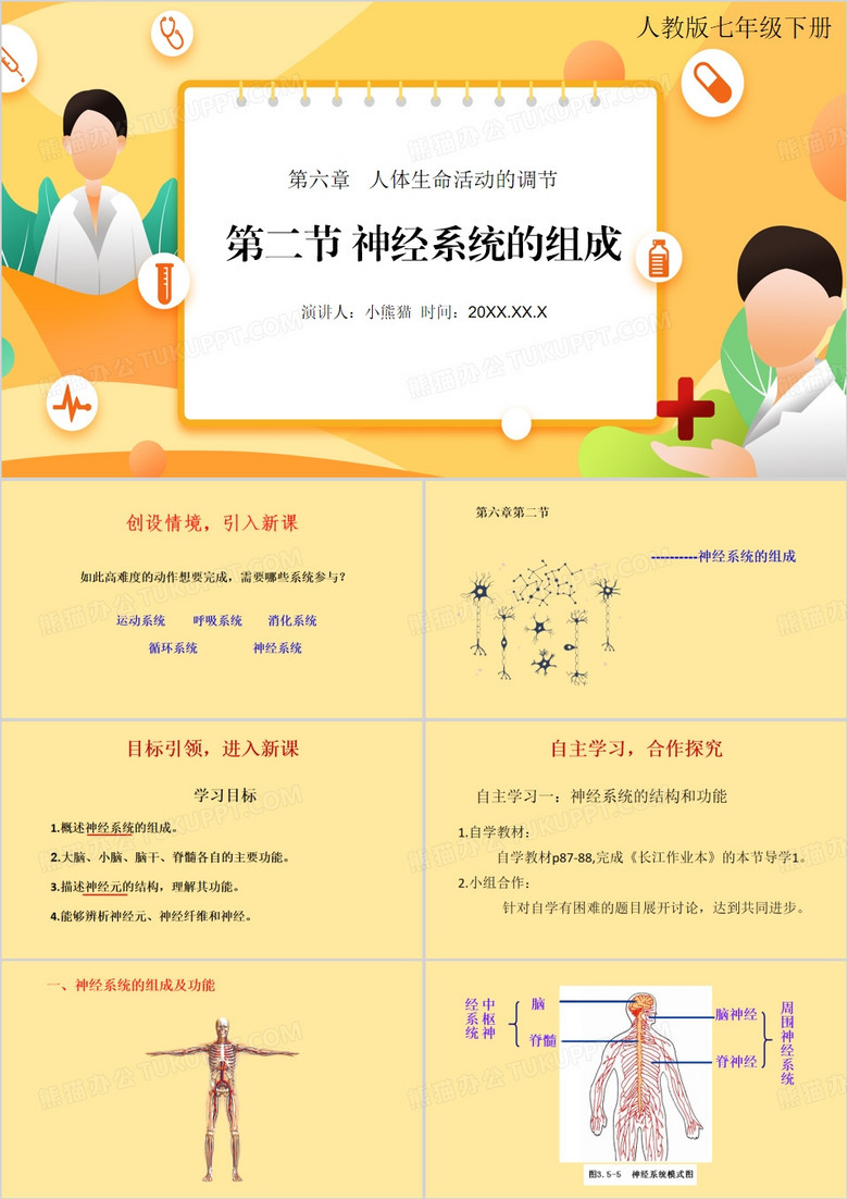 黄色卡通风神经系统的组成PPT模板