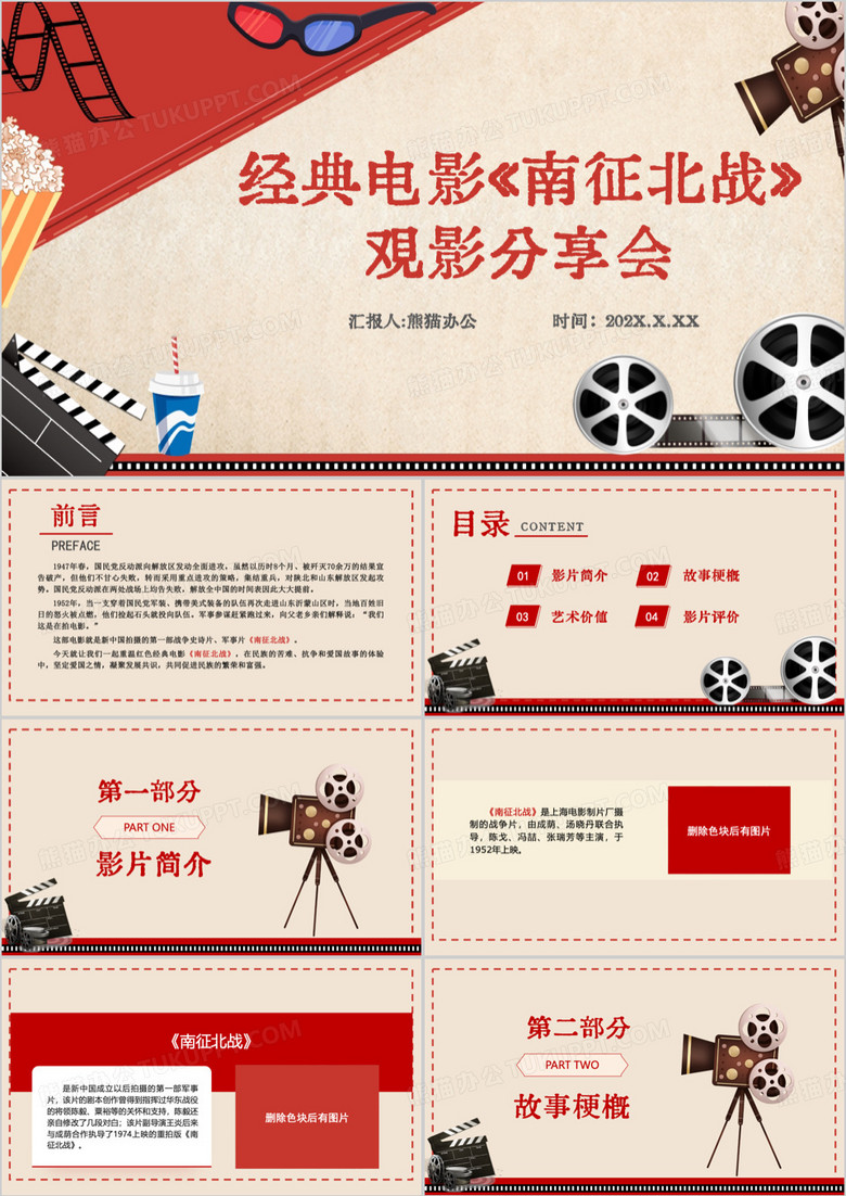 经典爱国电影南征北战PPT模板