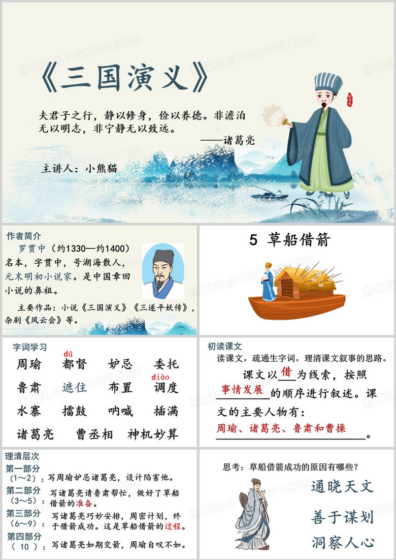卡通风格三国演义之草船借箭简介教育培训课件PPT模板