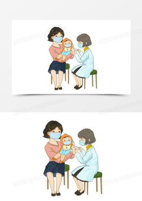 妈妈抱着孩子注射疫苗人物手绘插画