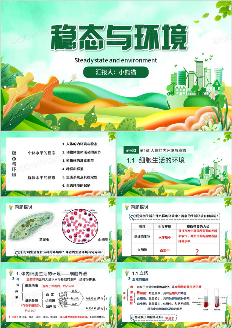 绿色清新风细胞生活的环境PPT模板