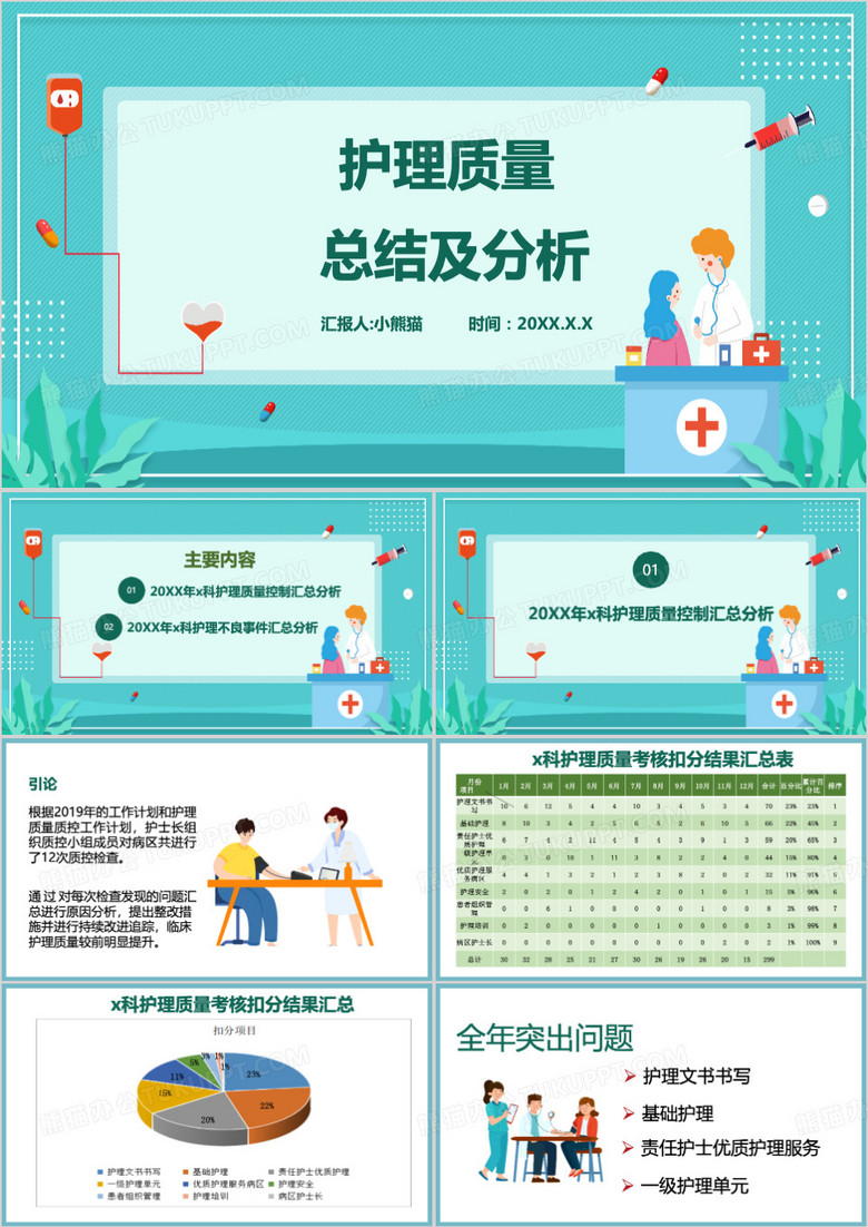 绿色卡通护理质量总结分析PPT模板