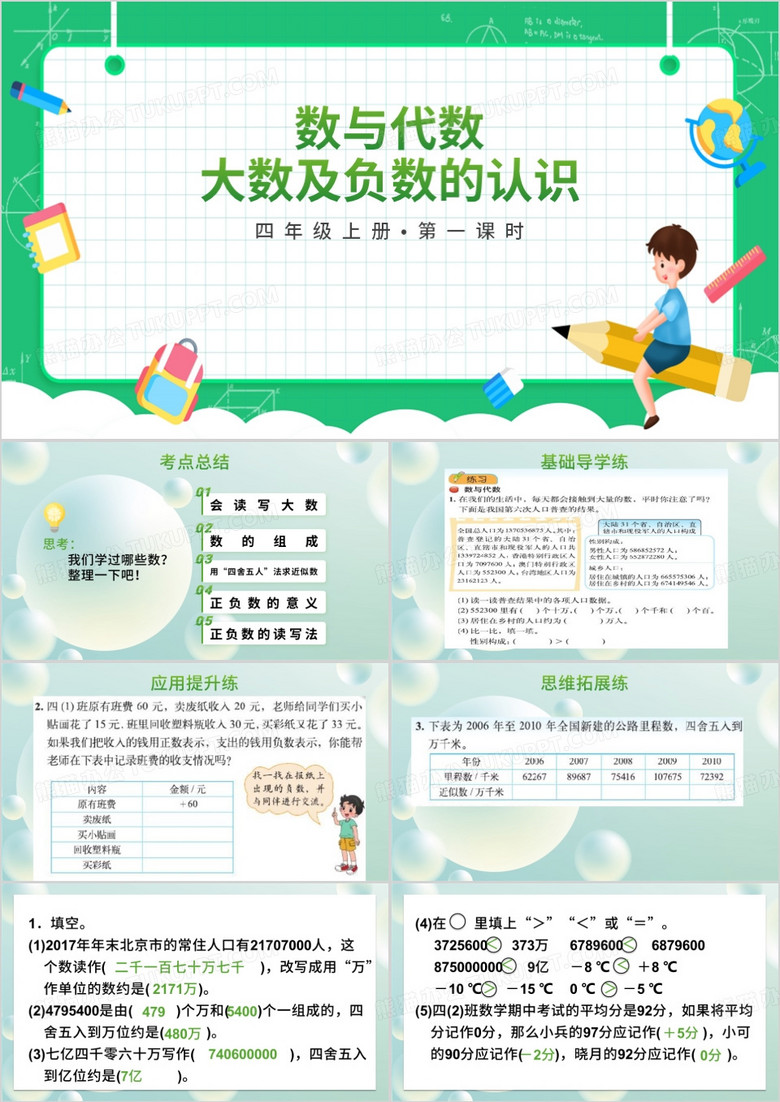 绿色数与代数大数及负数的认识PPT模板