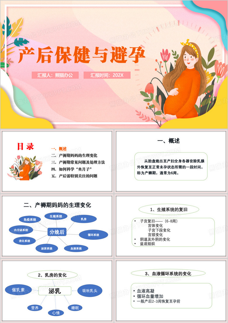 粉色孕妇产后保健与避孕PPT模板
