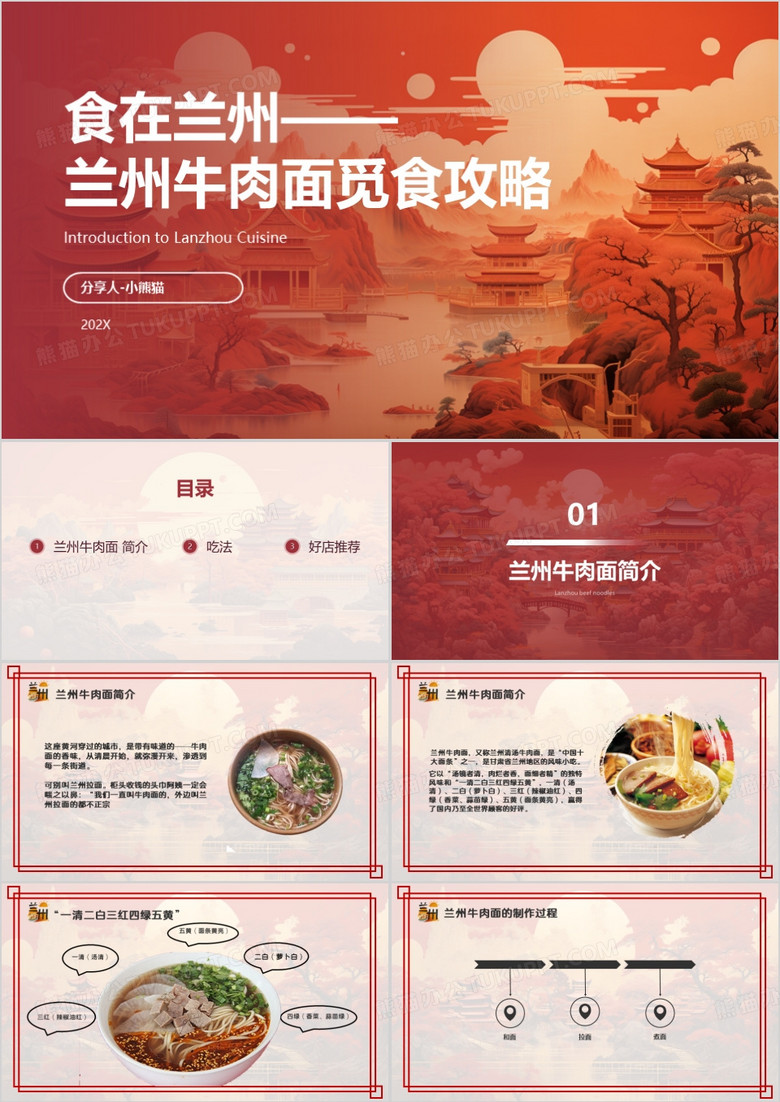 红色中国风兰州牛肉面攻略PPT模板
