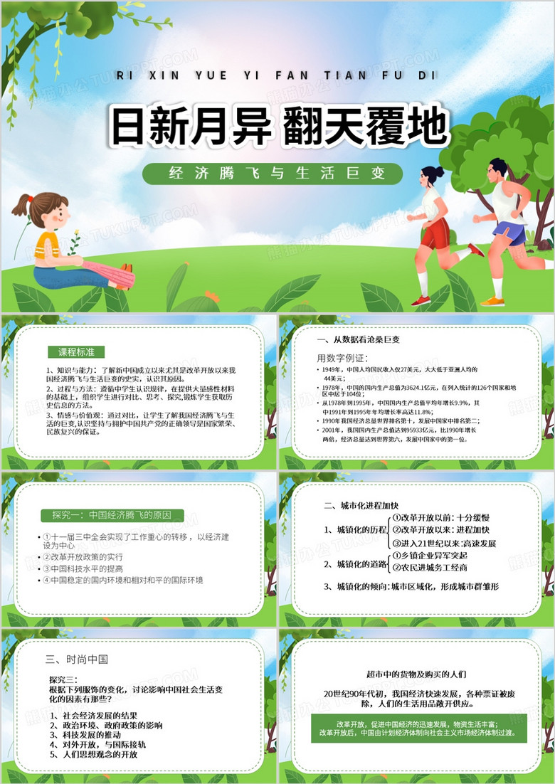 蓝色卡通风经济腾飞与生活巨变PPT模板