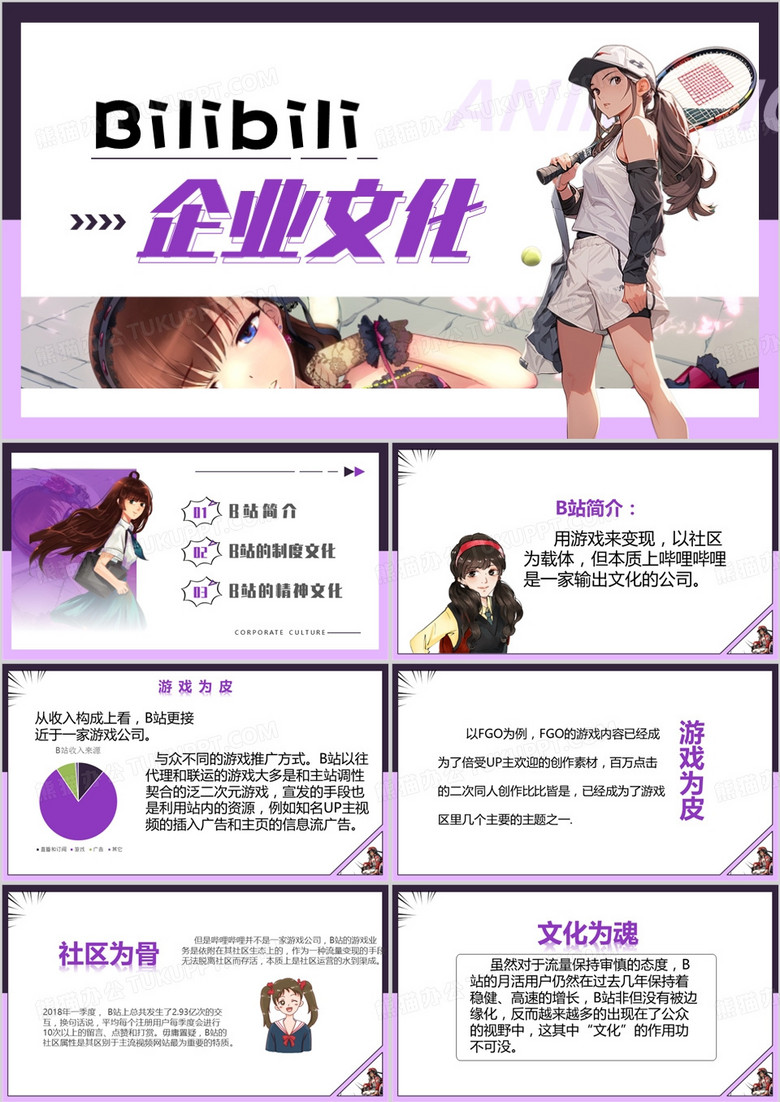 紫色卡通风B站企业文化PPT模板