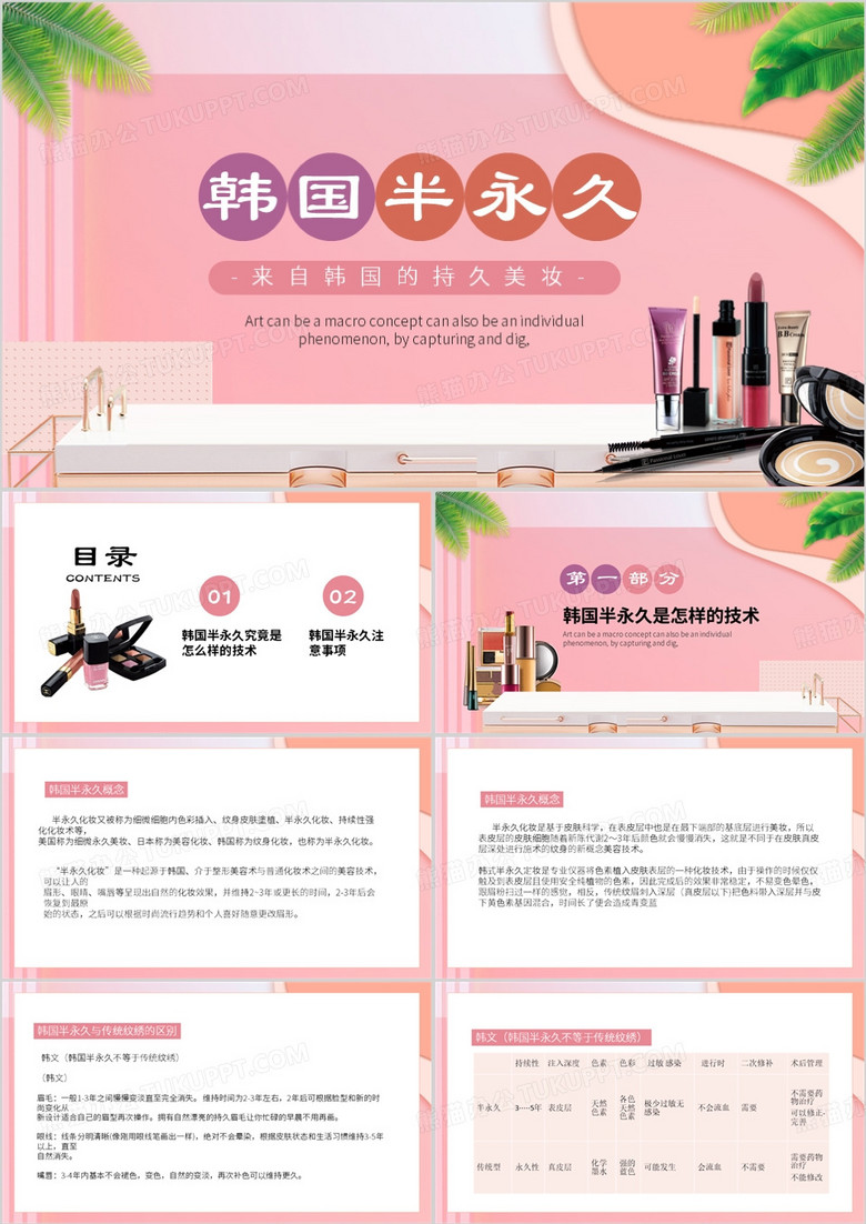 粉色简约风韩国半永久妆容PPT模板