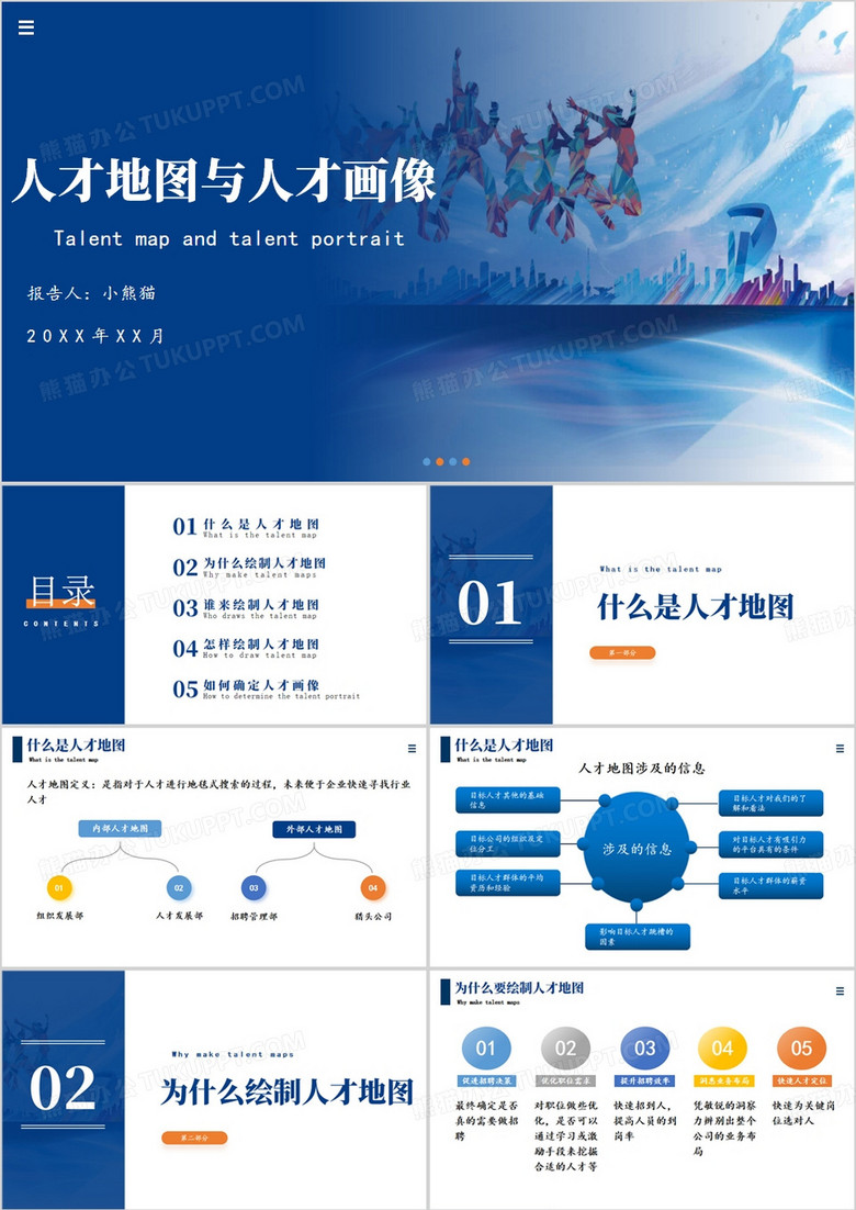 蓝色简约风人才地图及人才画像PPT模板