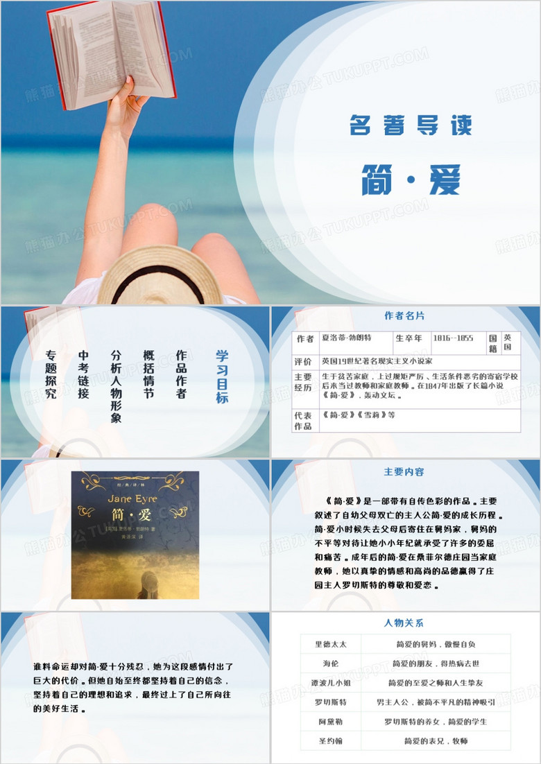 蓝色简约名著导读简爱PPT模板