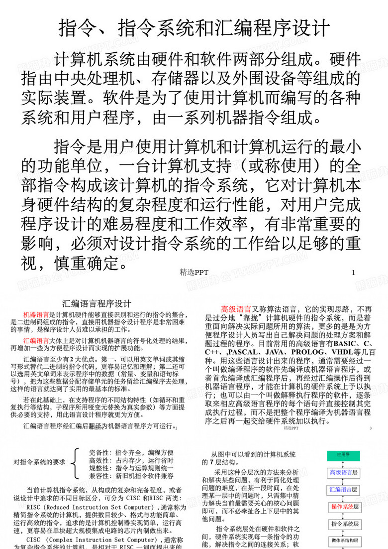 指令、指令系统和汇编程序设计 计算机系统由硬件和软件两部分组成