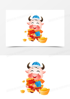 卡通手绘新年牛抱福袋元宝免抠元素