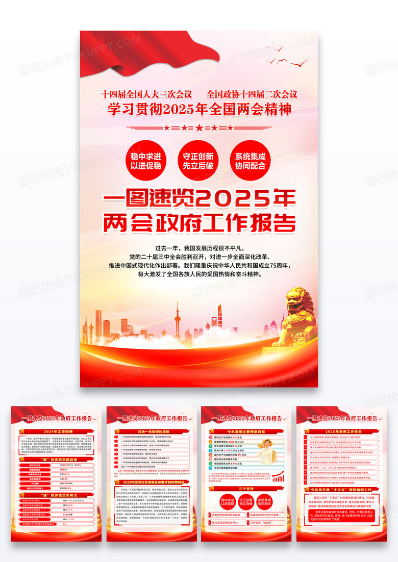 红色简单大气党建2025两会工作报告精神宣传海报