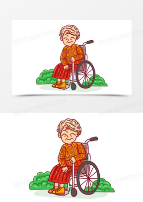卡通手绘老人坐轮椅场景素材