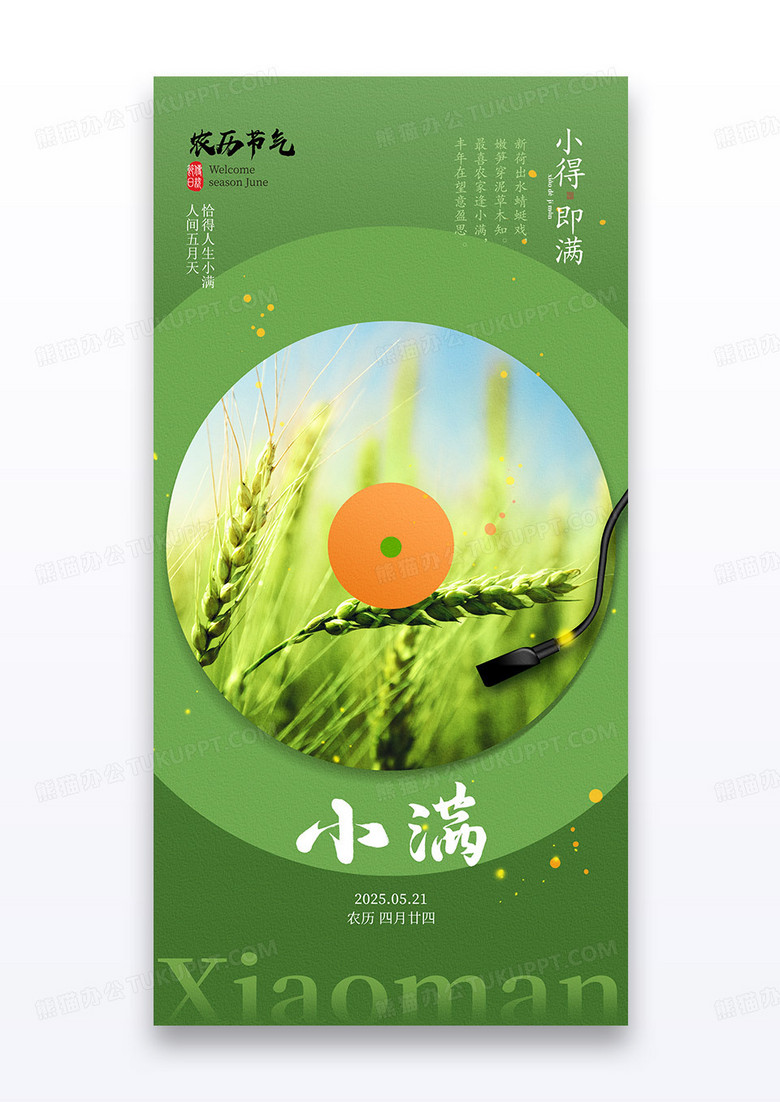 绿色创意小清新CD创意二十四节气小满宣传海报