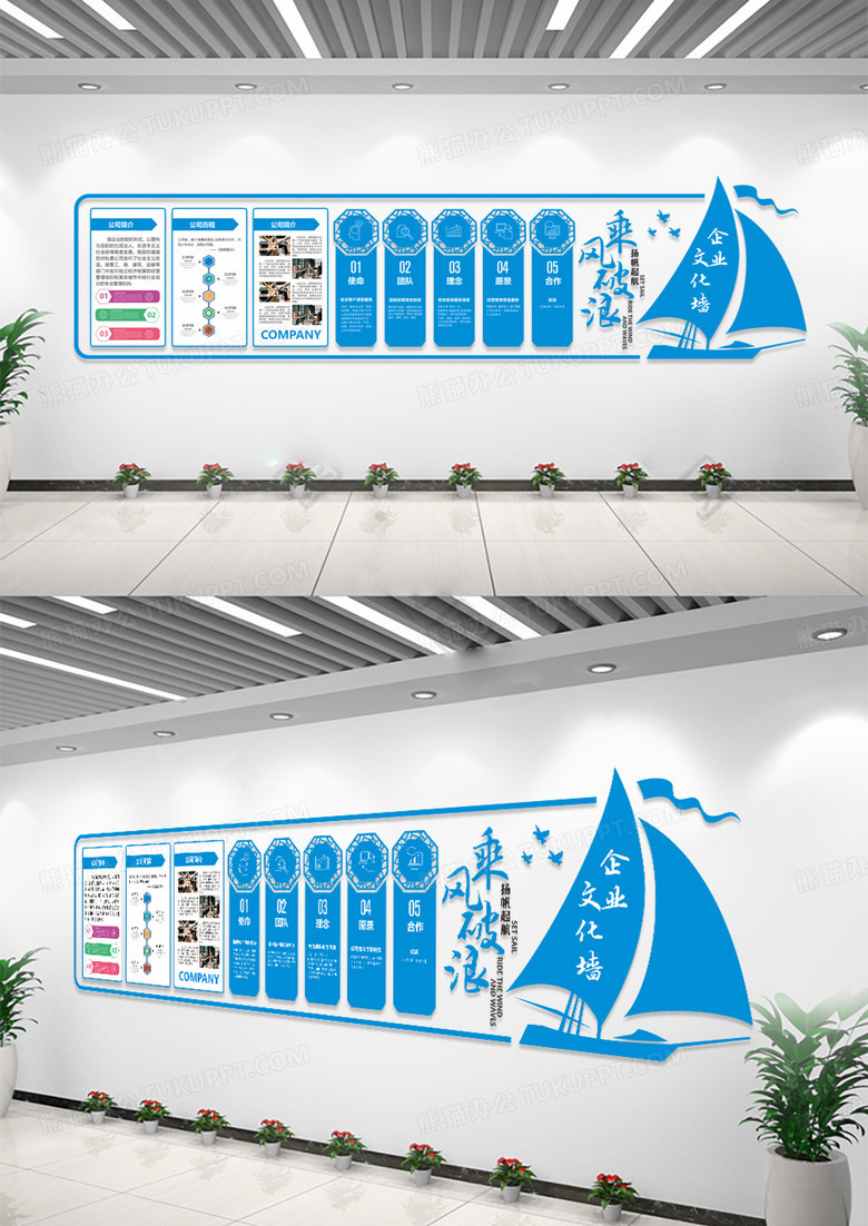 藍(lán)色企業(yè)文化乘風(fēng)破浪企業(yè)簡(jiǎn)介文化墻