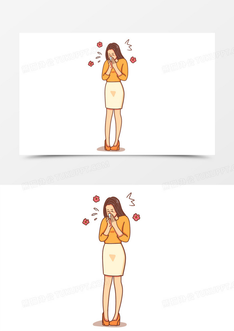 手绘卡通女孩花粉过敏打喷嚏素材