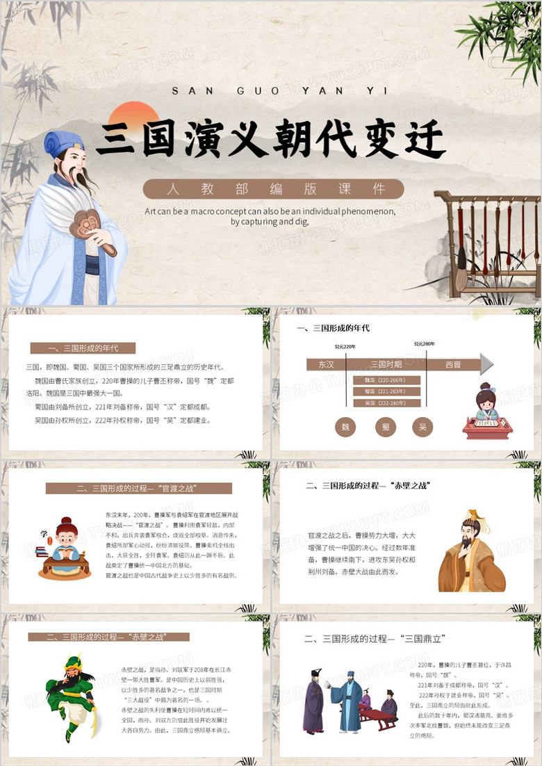 棕色卡通风三国演义朝代变迁PPT模板