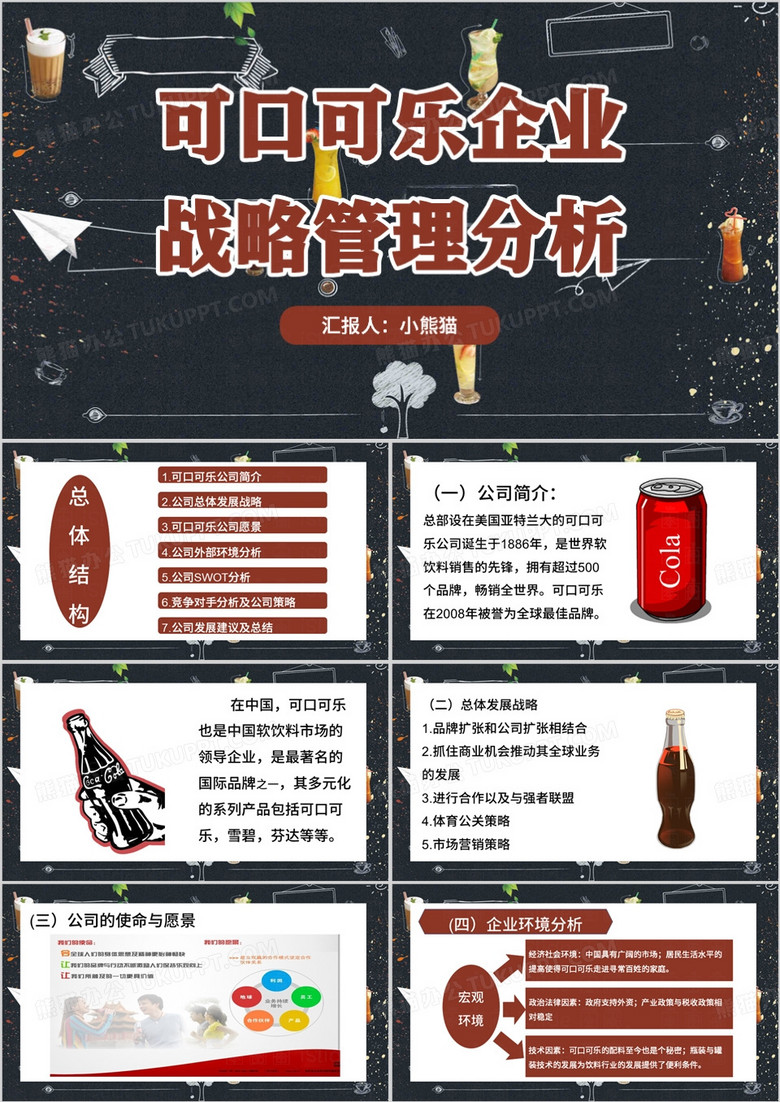 深色卡通风可口可乐企业战略管理分析PPT模板