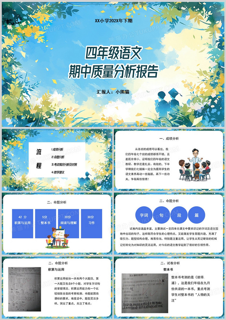蓝色清新风四年级语文质量分析PPT模板