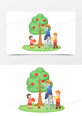 手绘卡通大人小孩一起摘苹果免抠素材