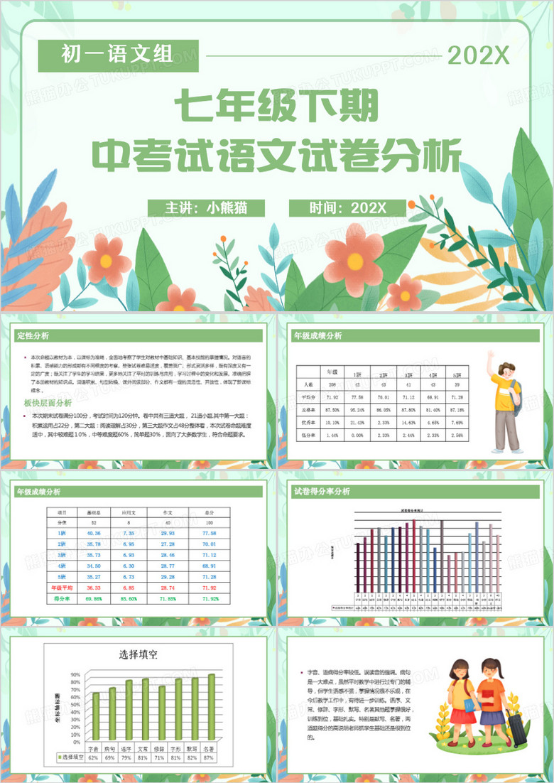 绿色清新风语文期中考试试卷分析PPT模板