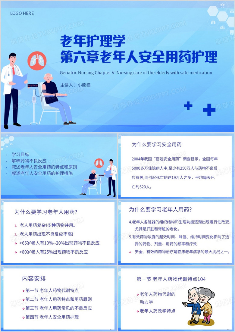 蓝色简约风老年人安全用药护理PPT模板