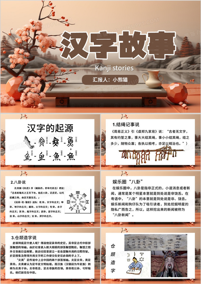 棕色简约风汉字的起源PPT模板