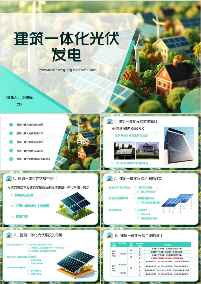 绿色卡通风建筑一体化光伏发电PPT模板