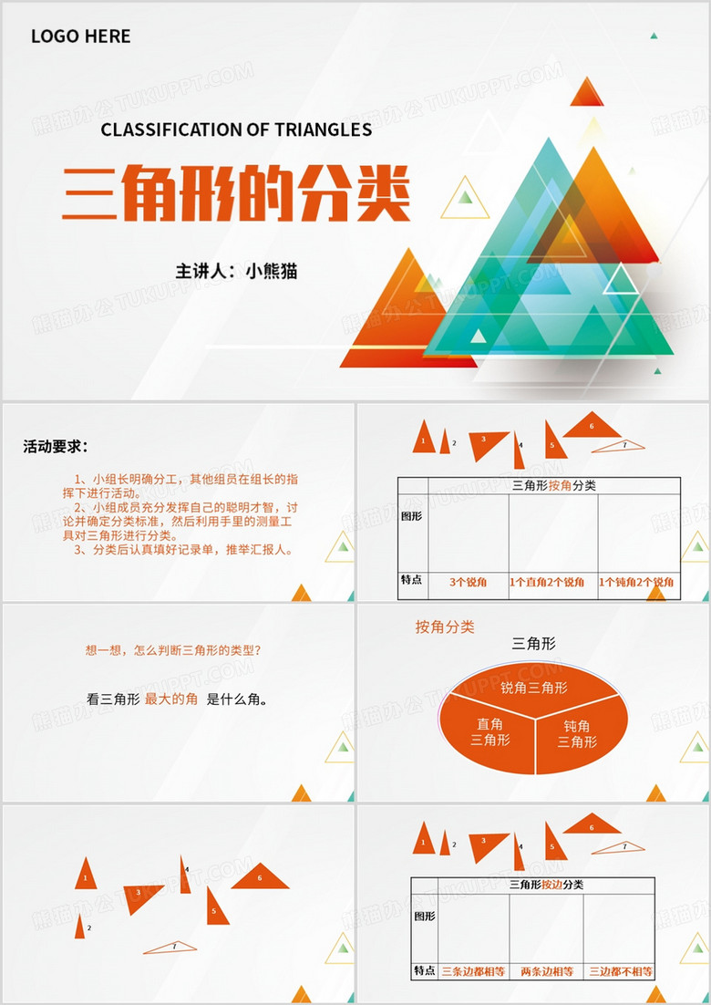 橙色简约风三角形的分类PPT模板