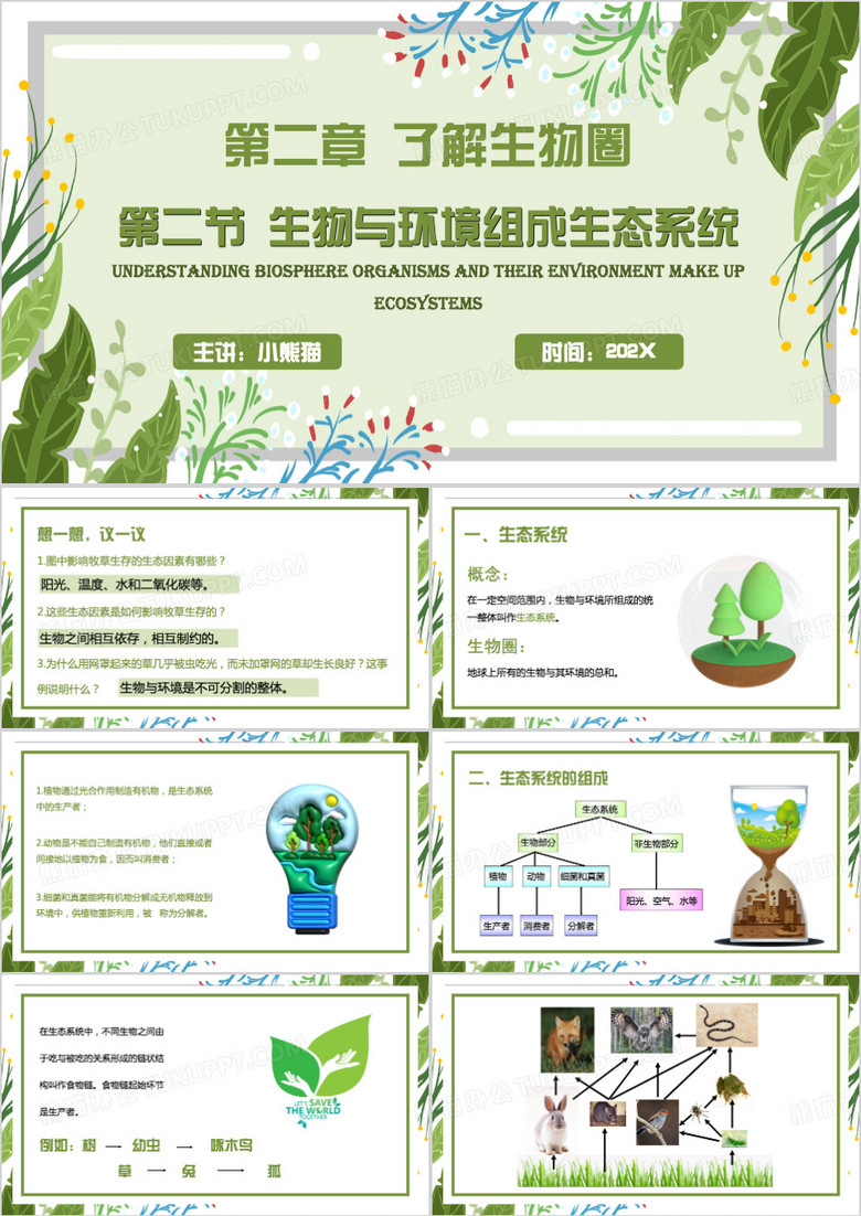 绿色清新风生物与环境组成生态系统PPT模板