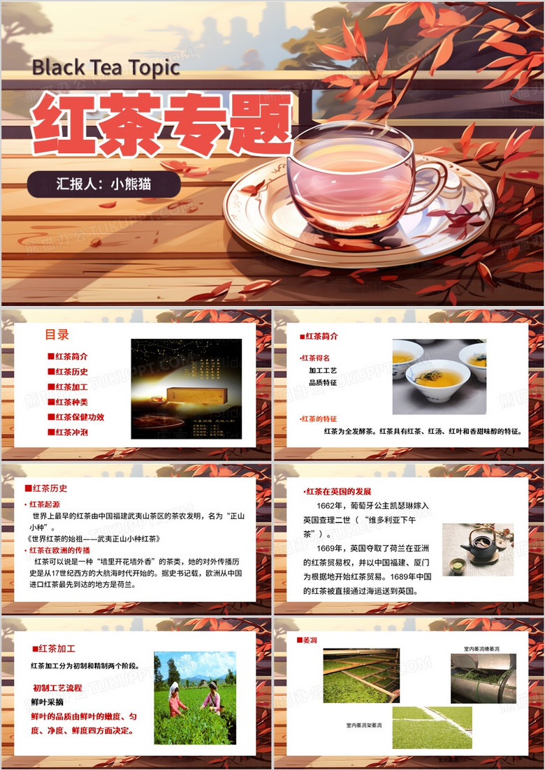红色插画风红茶的冲泡PPT模板