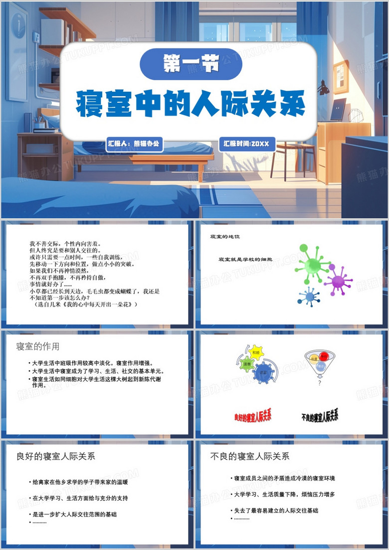 蓝色插画风寝室人际关系PPT模板