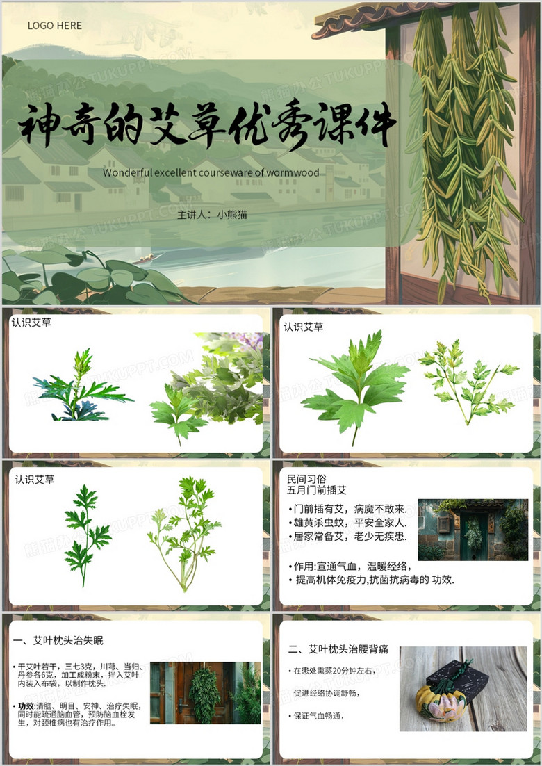 绿色简约风神奇的艾草PPT模板