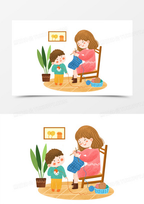 手绘卡通妈妈织毛衣场景插画免抠元素