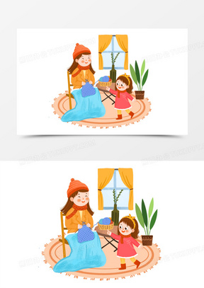 手绘卡通妈妈织毛衣场景插画免抠元素