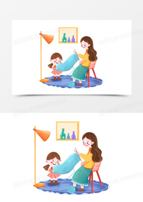 手绘卡通母亲织毛衣小场景元素