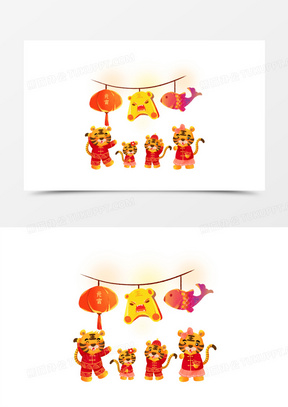 手绘虎年元宵节猜灯谜闹花灯合成元素