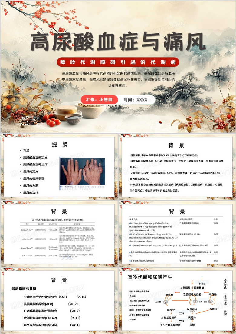 黄色中国风高尿酸血症与痛风PPT模板