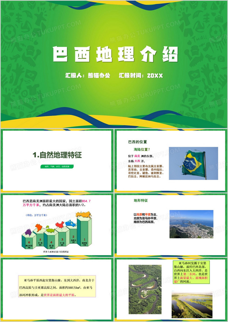 绿色简约风巴西地理介绍PPT模板