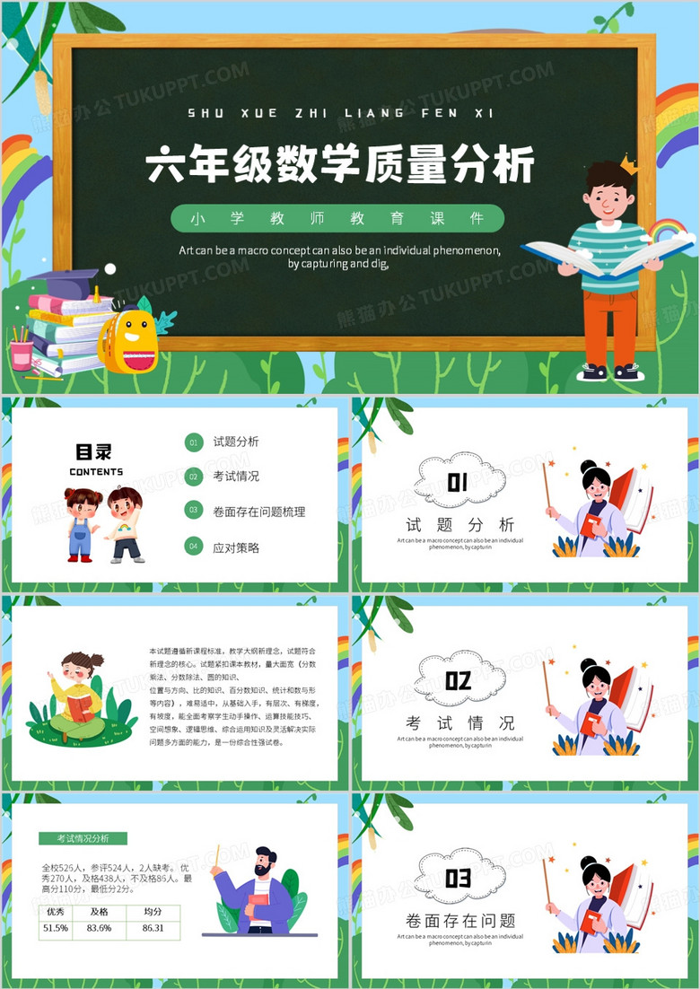 绿色卡通风六年级数学质量分析PPT模板