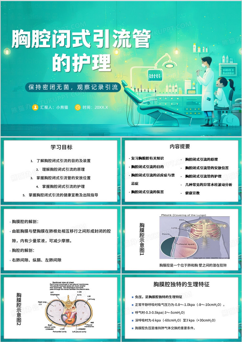 绿色简约风胸腔闭式引流管的护理PPT模板