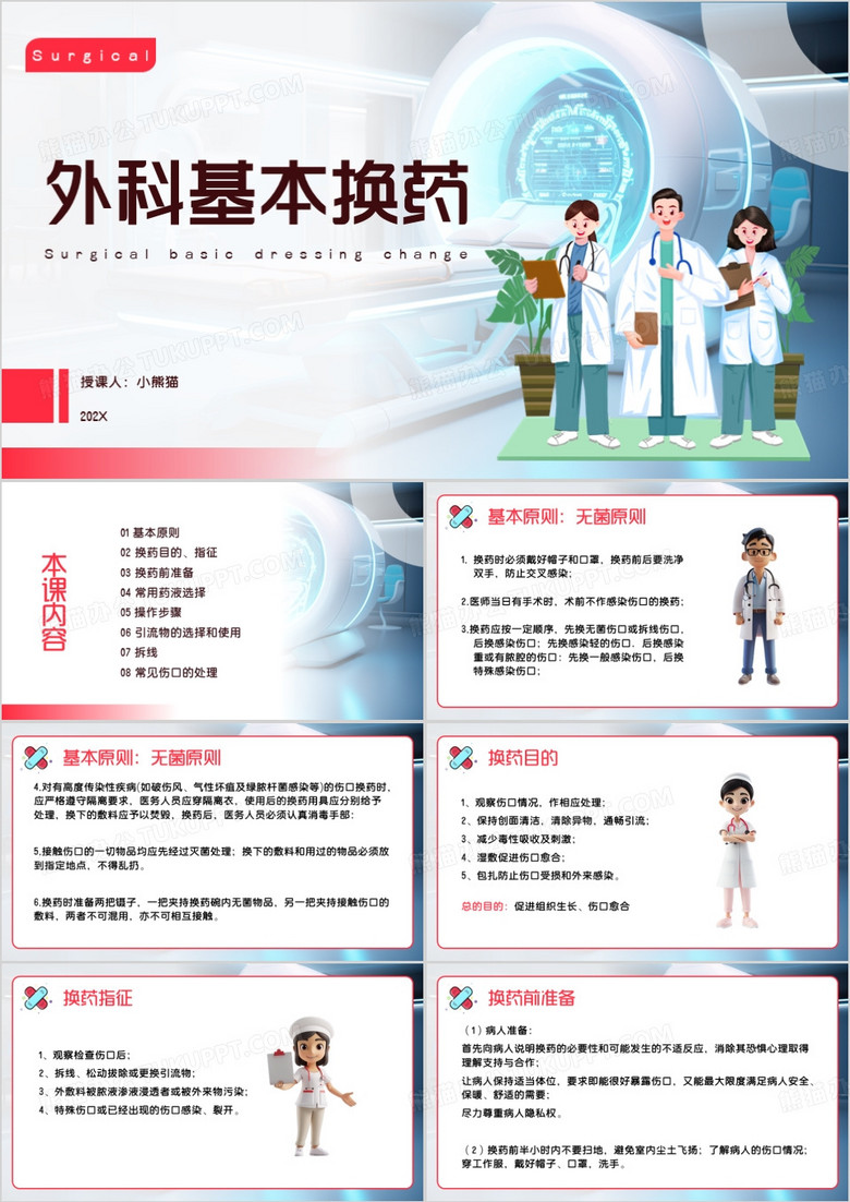 红色卡通风外科基本换药PPT模板