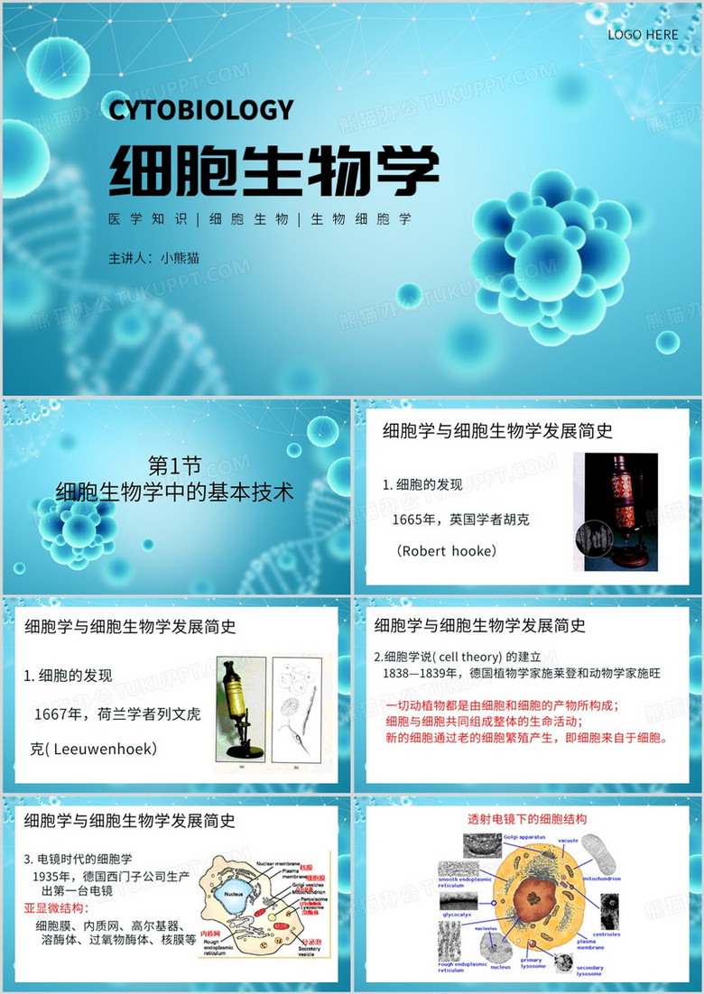 蓝色简约风细胞生物学PPT模板