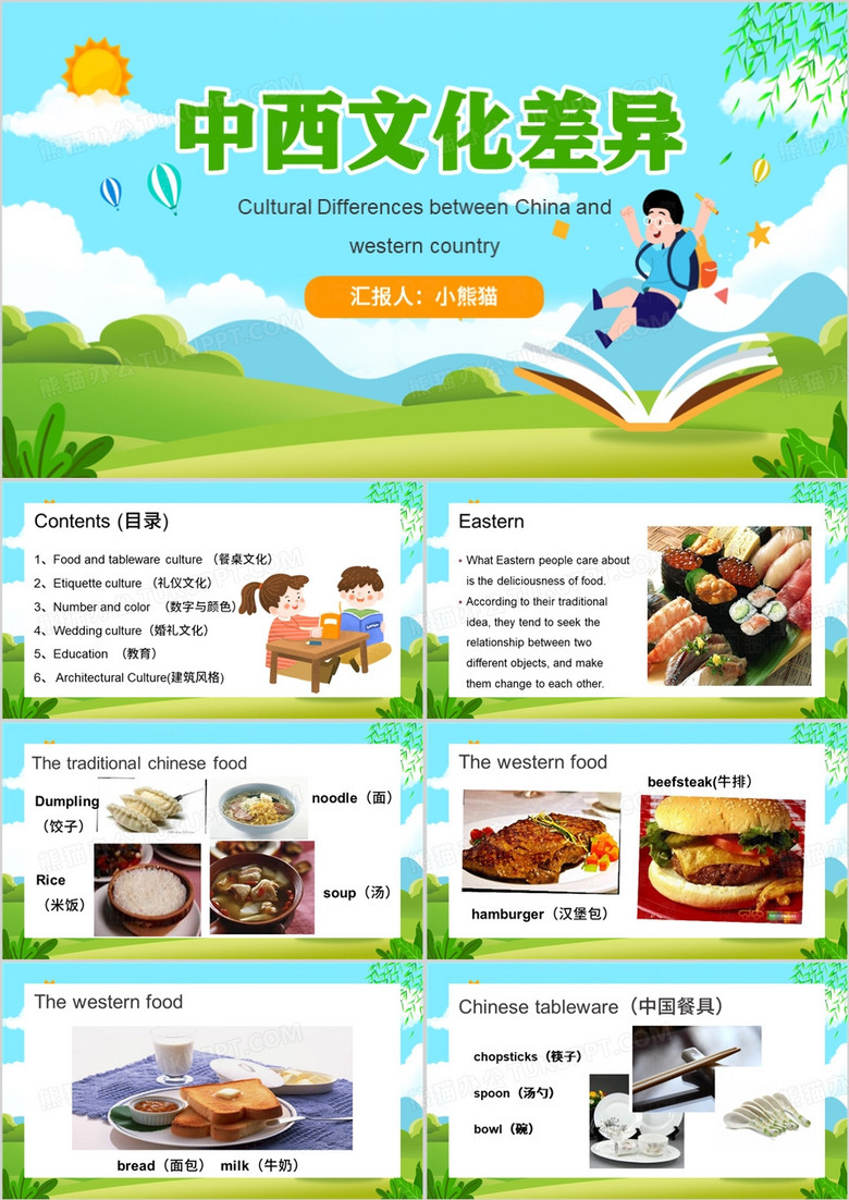 绿色卡通风中西文化差异PPT模板